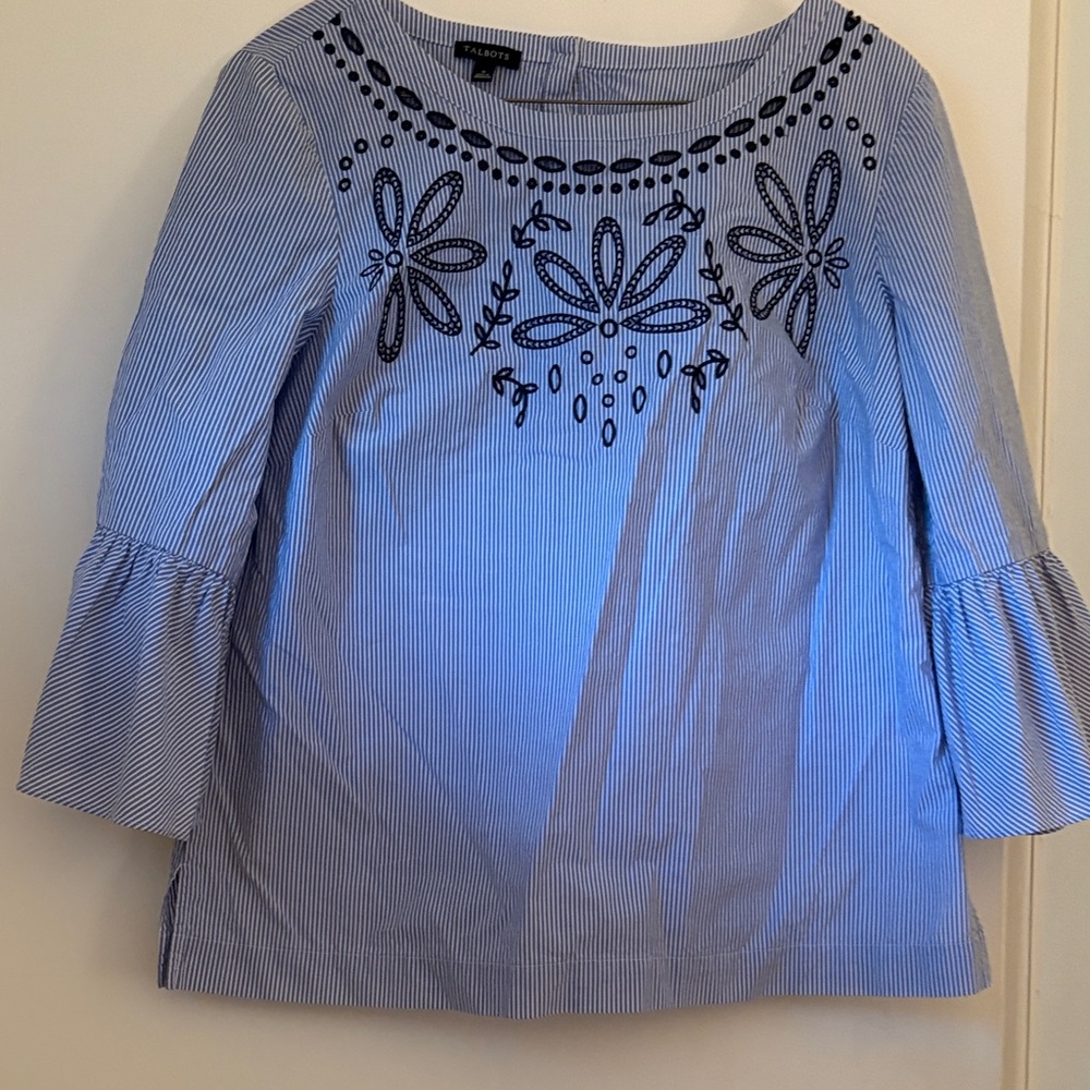 Talbots Blue and White Striped Blouse with Floral Embroidery